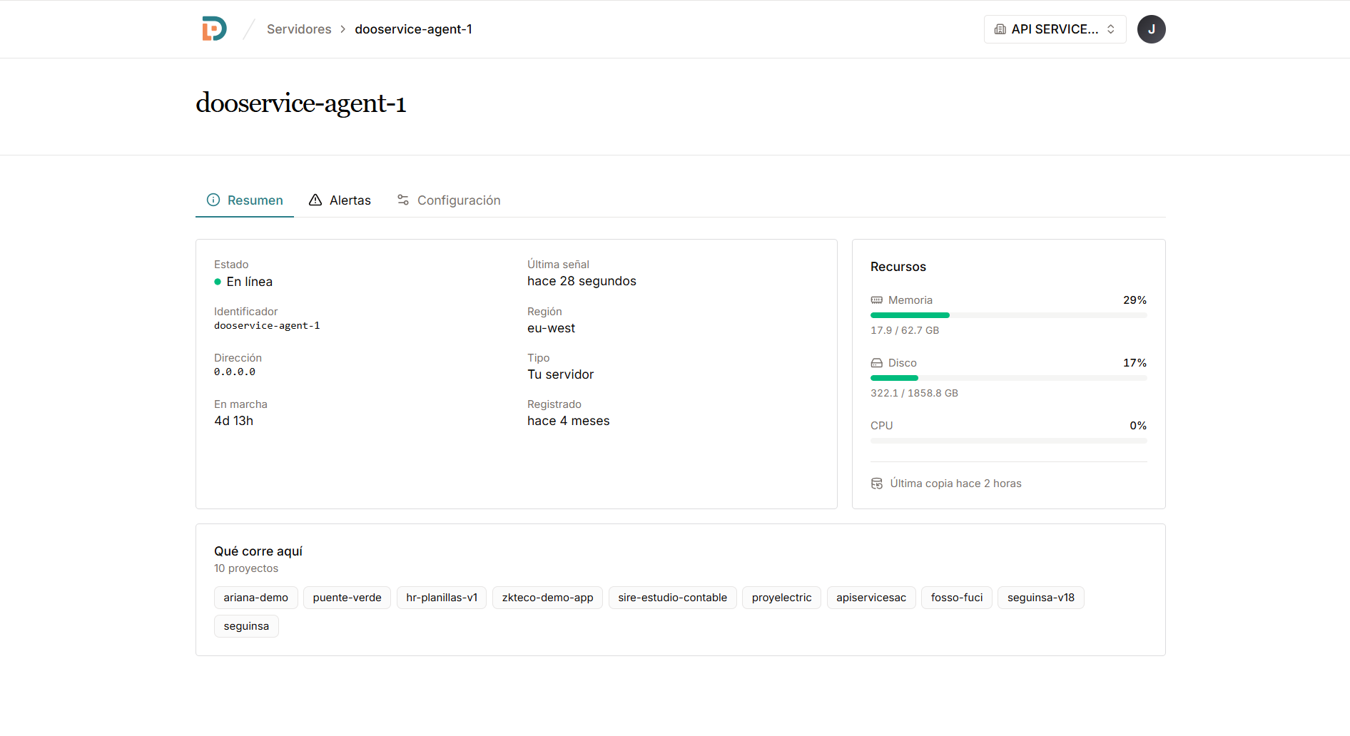 Each server reports its memory, disk, uptime and last backup.