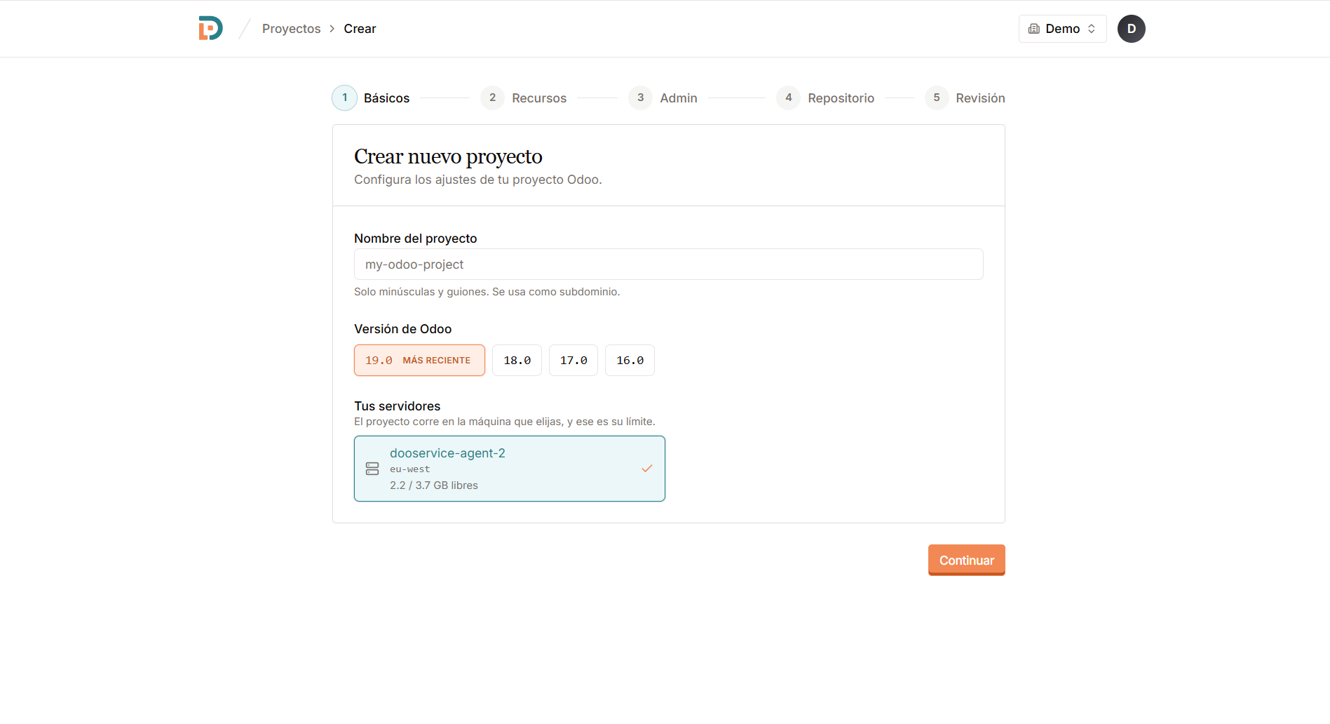 Name, Odoo version and server. A guided flow in five steps.