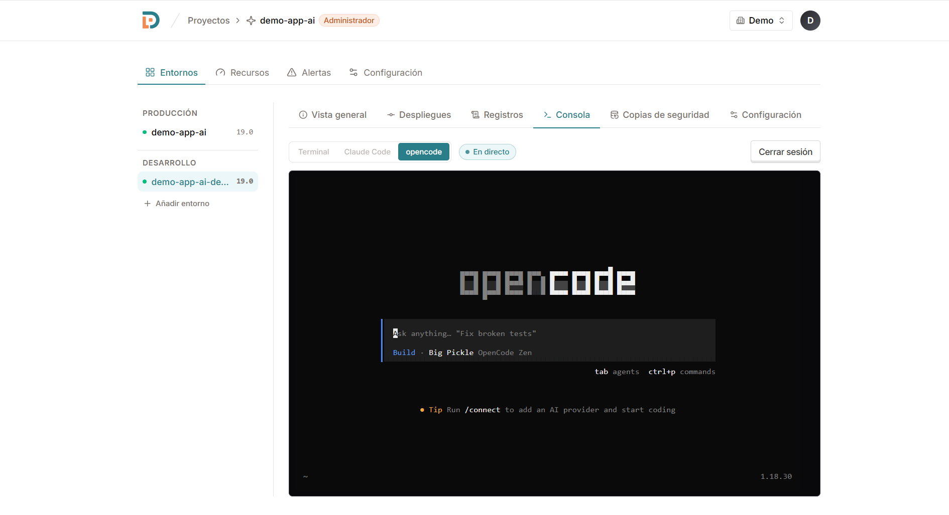OpenCode with your own AI provider, one click away.