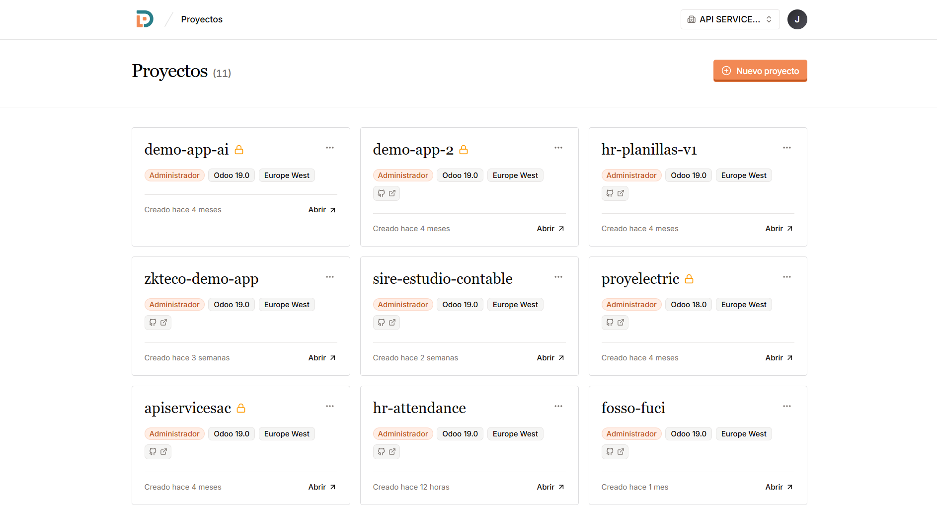 Every Odoo you run, with its version and region, in one list.