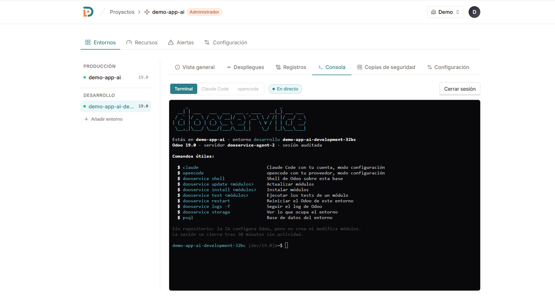 A console on each environment, with Odoo shortcuts ready.